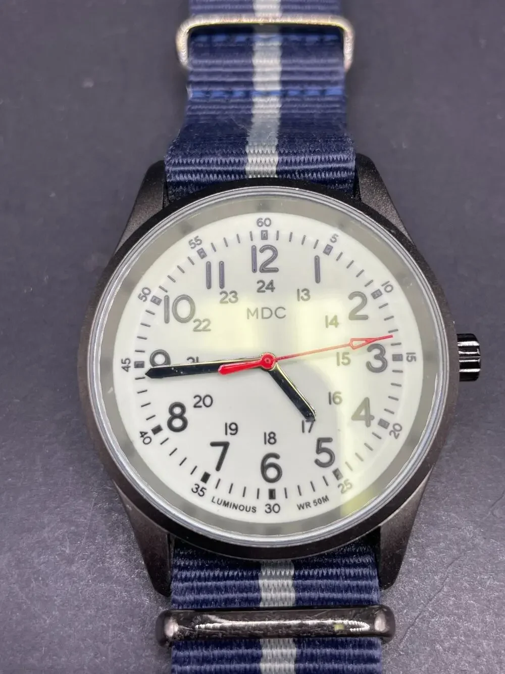 Infantry MDC Men's Military Field Watch Full Lume Cream Dial Blue Striped NATO